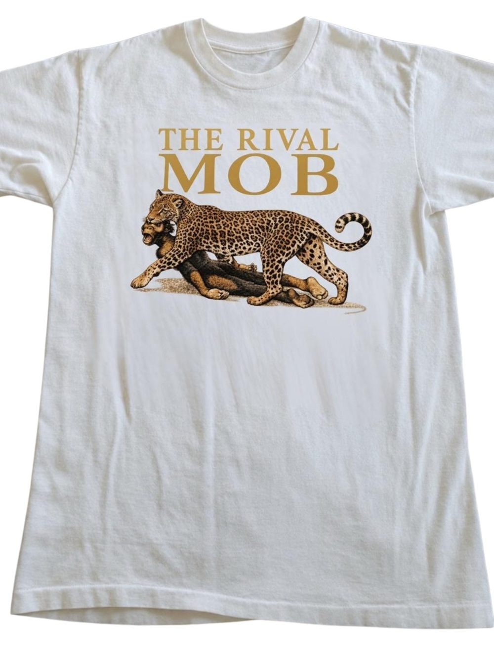 Gildan White Tee with Gold 'The Rival Mob' Leopard Graphic, Gift For Her, Him